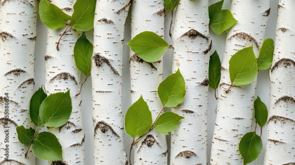 Poster fresh green birch leaves on white bark creating a nature background with ample space for text or des
