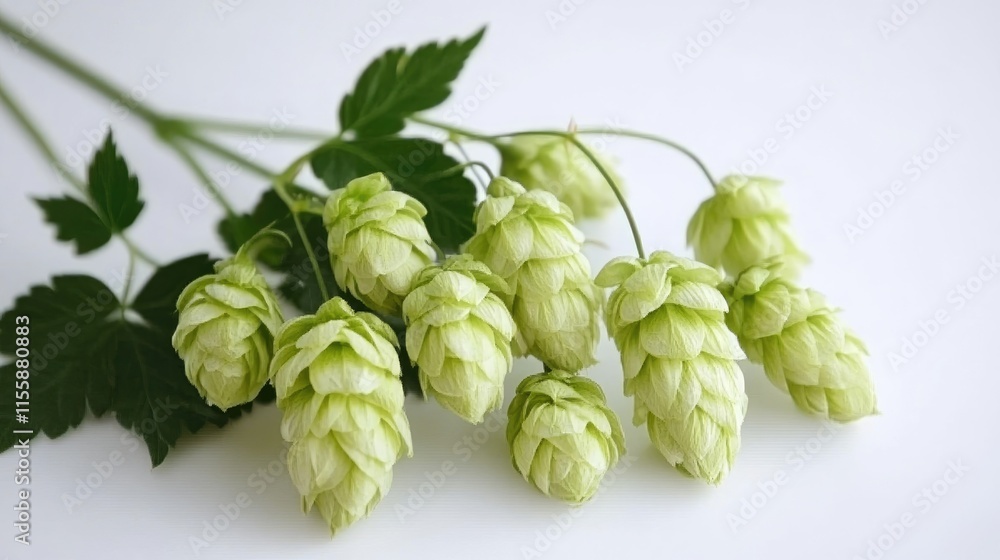 Poster fresh green hop cones arranged elegantly for display featuring vibrant leaves and ample empty space 