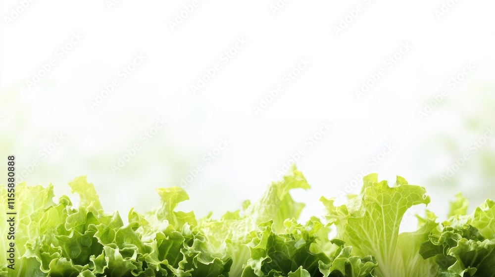 Poster fresh green lettuce leaves in a close-up view with a bright empty space for text or branding on a li