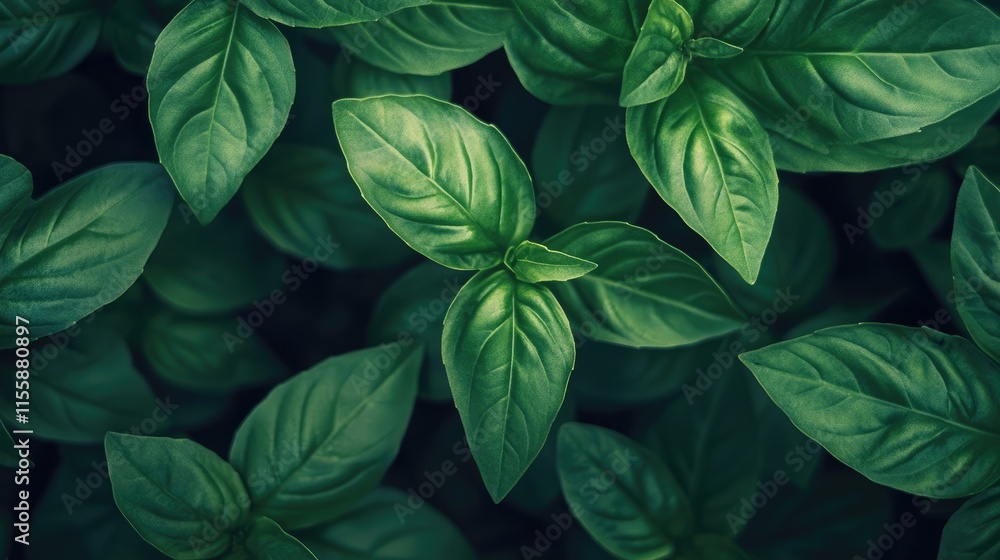 Poster Close up of vibrant green basil leaves highlighting intricate textures and veins with ample space for text or design elements