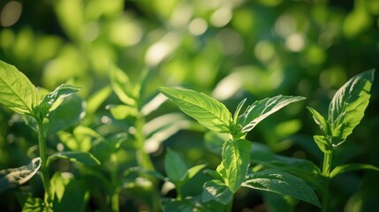 Close up of vibrant green basil plants in a garden showcasing fresh culinary herbs with smooth leaves and natural sunlight for text placement