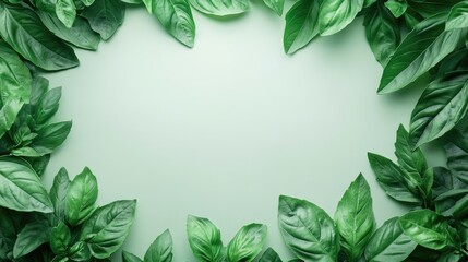 Naklejka premium Fresh green basil leaves creating a lush vibrant border on a pastel green background with ample space for text overlay in the center.