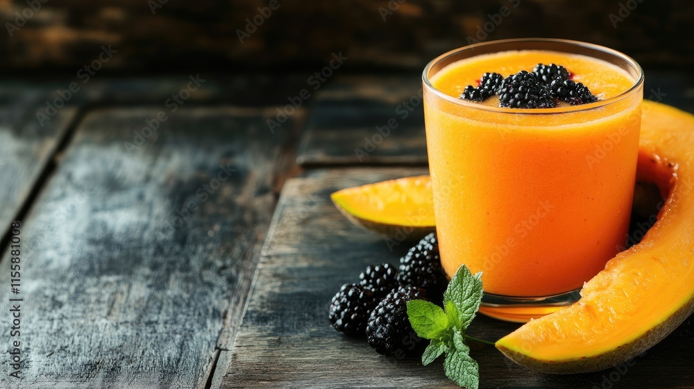 Poster homemade berry papaya smoothie in glass with mint and fruit slices on rustic wooden background with 