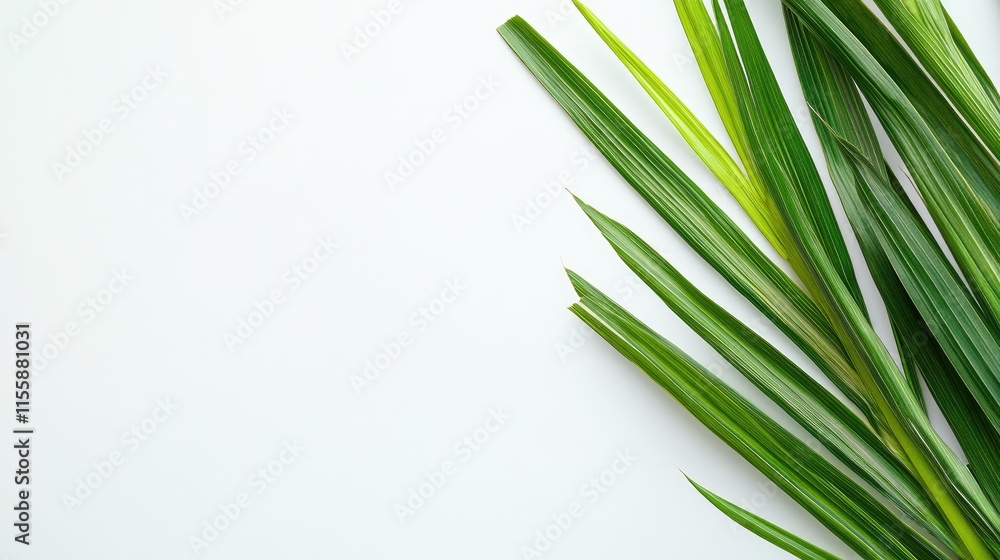 Poster fresh lemongrass leaves arranged on a white background with ample space for text and design elements