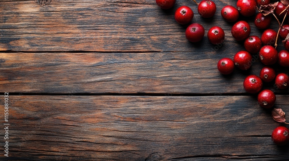 Aufkleber close up of vibrant hawthorn berries on a rustic wooden table with a natural background and ample bl