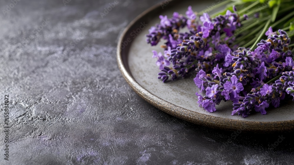 Poster lavender flowers on a dark textured plate with ample empty space for text or design elements in a bo