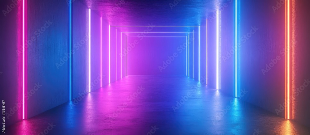 Poster futuristic 3d neon lights in abstract space with high tech blue background and empty copyspace for t