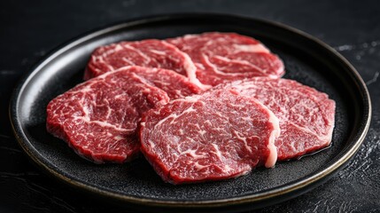 Fototapeta premium Raw marbled ribeye steak slices on a dark plate ready for gourmet cooking with ample copy space for culinary advertisements or food blogs