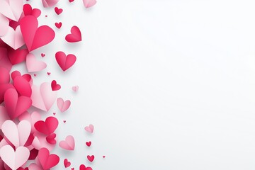 Valentine’s Day flat lay with red and pink paper hearts on white, perfect for romantic greeting card designs.