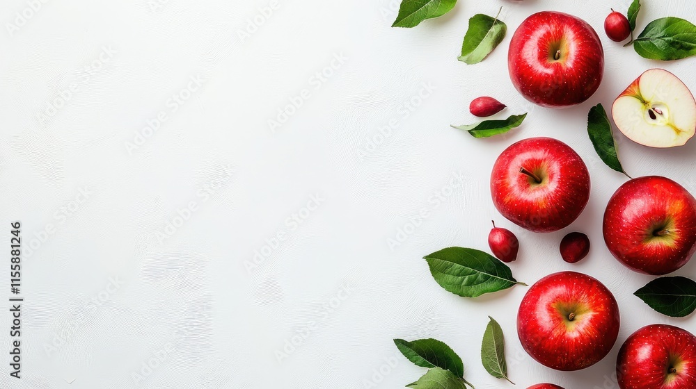 Poster fresh red apples with green leaves arranged on a light background showcasing space for text or produ