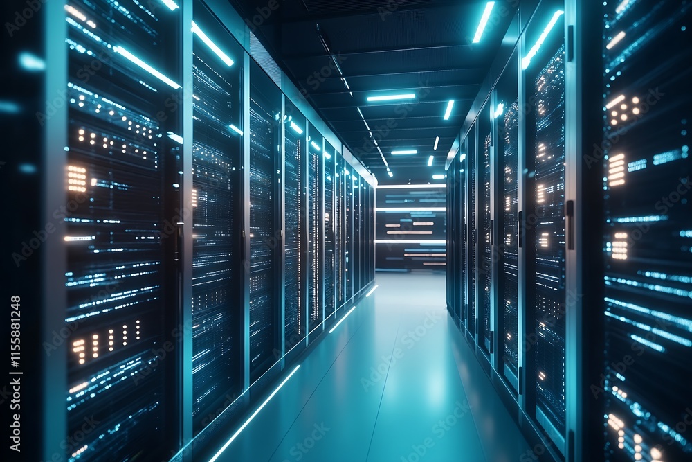 Poster futuristic data center corridor with modern server racks and blue neon lighting : generative ai