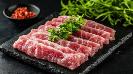 Fototapeta premium Fresh raw sashimi slices displayed on a black slate plate with greenery and garnishes perfect for culinary marketing and dining promotions