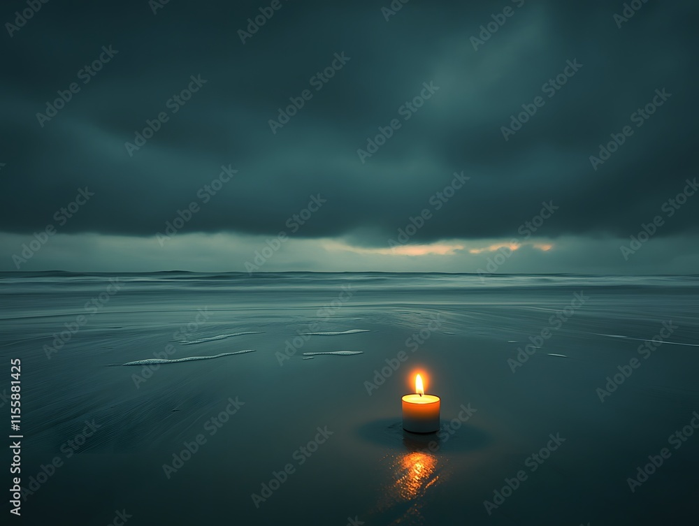 Poster tranquil seaside scene with a flickering candle illuminating a dark beach under a dramatic overcast 