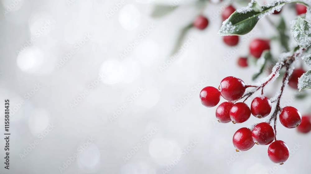 Poster vibrant fresh cranberries on frosted branches with a soft winter background and empty space for text
