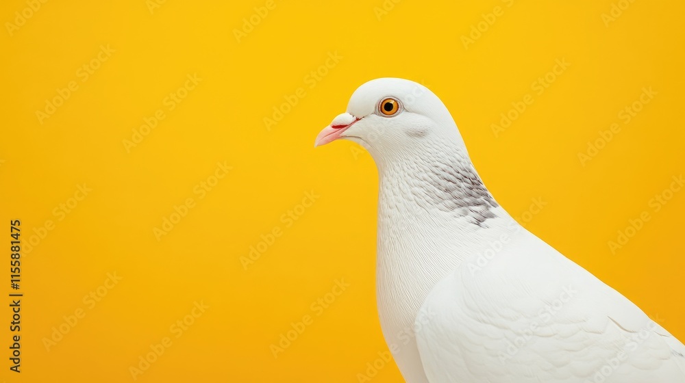 Poster close up profile of a white pigeon on a bright yellow background perfect for editorial and commercia
