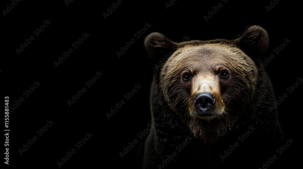 Poster wild brown bear close-up portrait on dark background with ample copy space for text and design eleme
