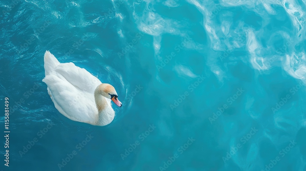 Poster portrait of a graceful white swan gliding through vibrant blue water with ample negative space for a