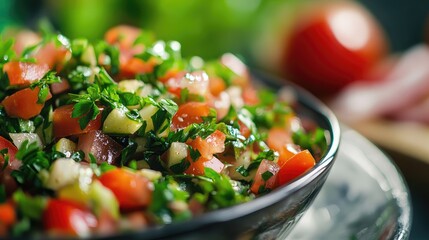 Fresh Mediterranean Salad with Olive Oil and Parsley in a Bowl Featuring Vibrant Vegetables and Plenty of Copy Space for Text