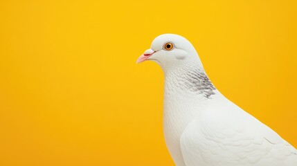 Close up profile of a white pigeon on a bright yellow background perfect for editorial and commercial use with space for text insertion.
