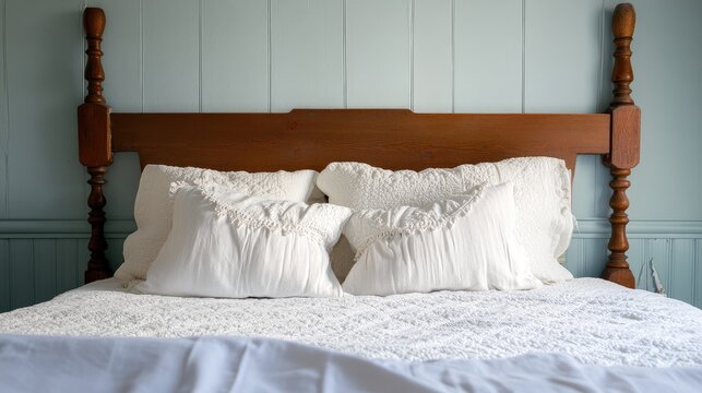 Close up of a vintage Nordic style bedroom featuring a wooden bed and soft white bedding emphasizing colorful accents and empty text space