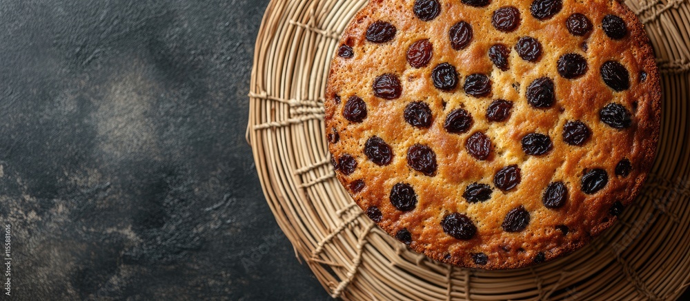 Aufkleber close up view of a delicious raisin cake on a rattan plate with a dark background and ample space fo