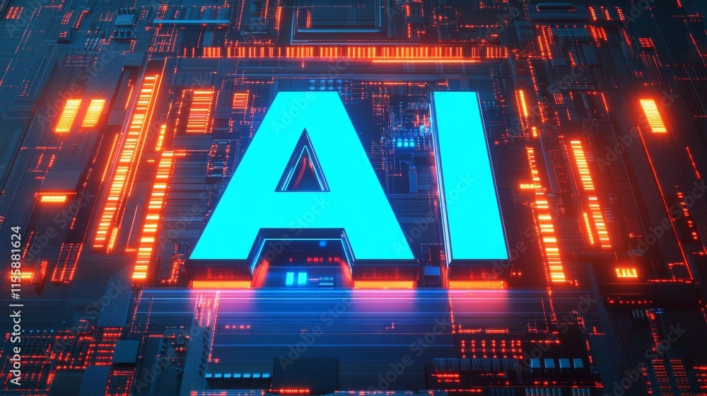 Poster a motherboard with ai inscribed on it. represents ai (stock) technology, with a chip ic affixed to t