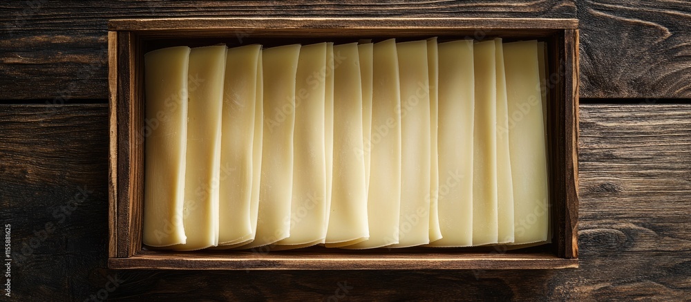 Poster cheese slices arranged neatly in a wooden box on a rustic table with space for text or branding in a