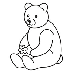 Fototapeta premium Black outline of a cute bear holding a flower in his hands