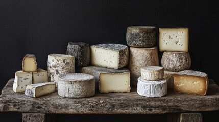 Artisan Cheese Selection on a Rustic Wooden Table with Dark Background