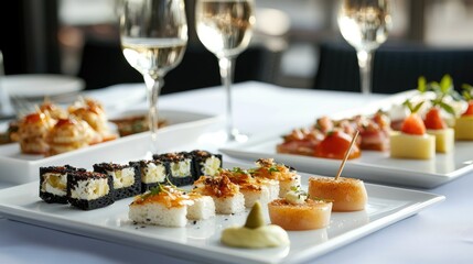 Elegant assorted appetizers arranged on a festive dining table with wine glasses and fine tableware for a celebratory occasion.