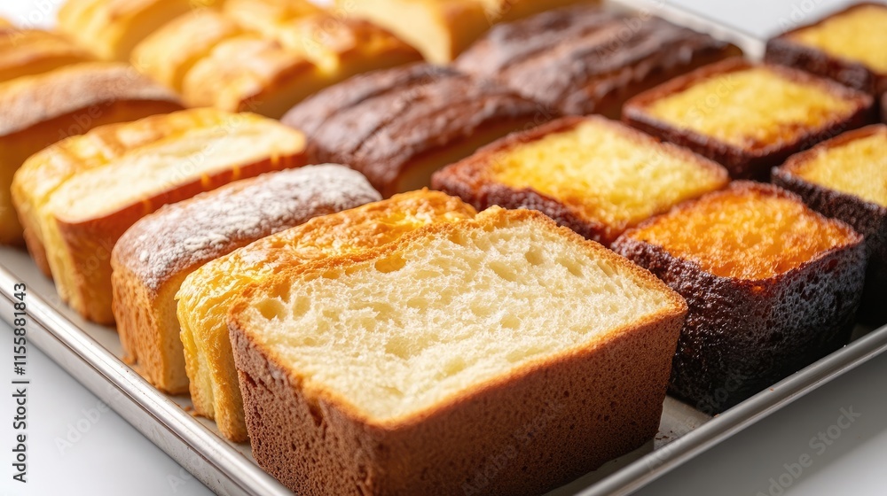Poster assorted bread slices on baking tray with golden crust close up fresh bakery products displayed on w