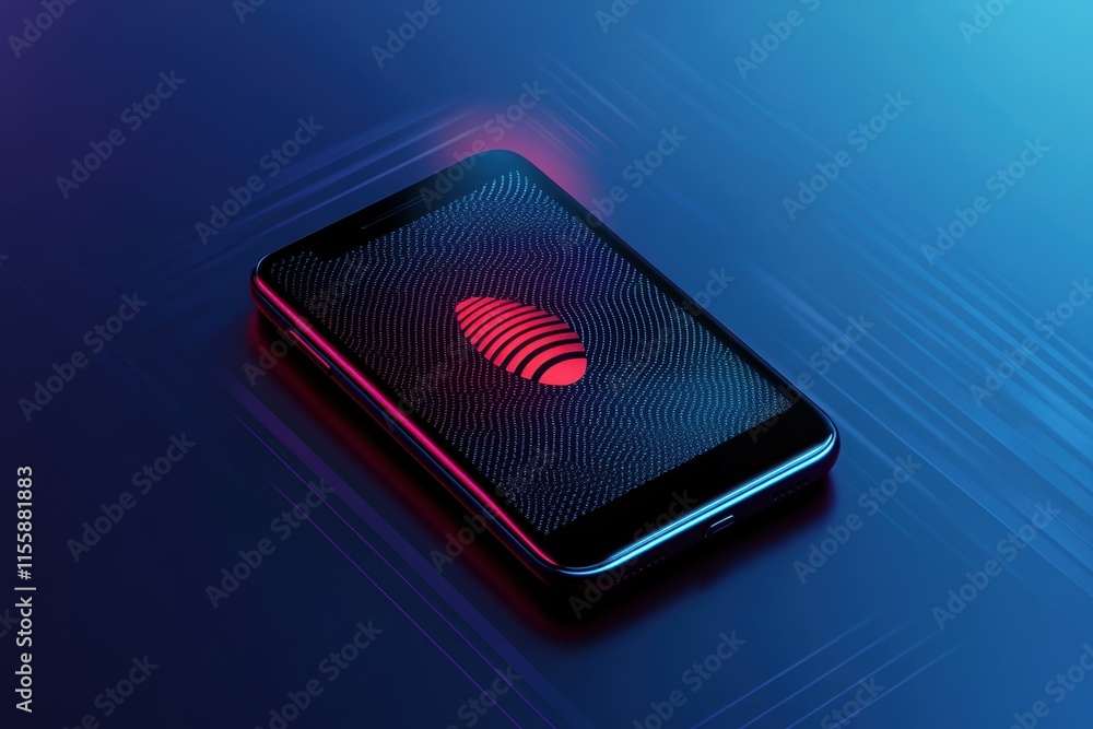 Poster modern smartphone displaying a fingerprint sensor with vibrant blue and red lighting