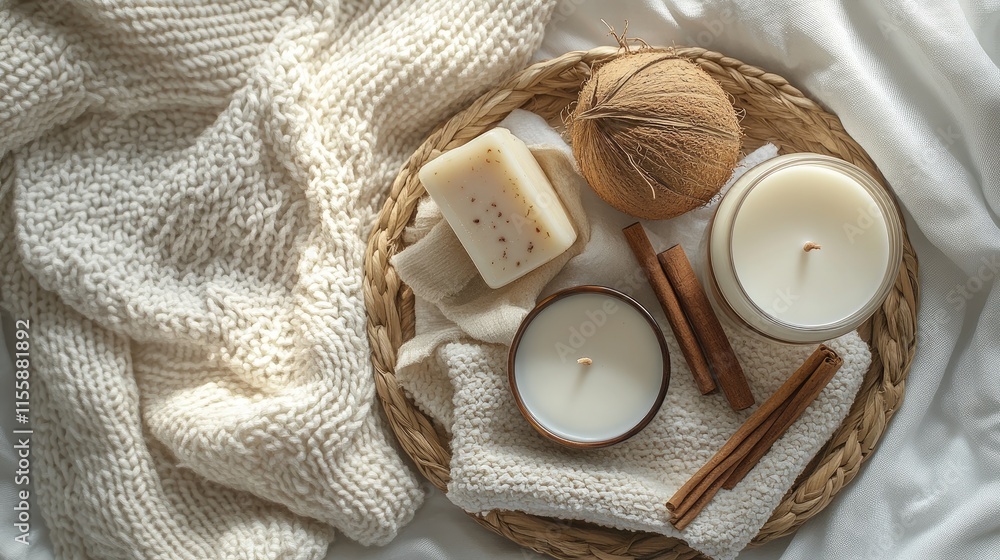 Aufkleber assorted handmade soaps aromatic candles and natural spices in a wicker tray on soft bedding illumin