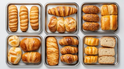 Assorted fresh breads and croissants arranged on metal trays with a clean white background showcasing variety and texture