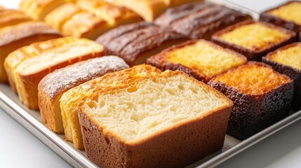 Assorted bread slices on baking tray with golden crust close up fresh bakery products displayed on white background