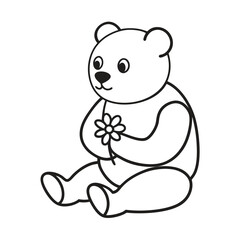 Obraz premium Black outline of a cute bear holding a flower in his hands