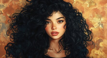 Fototapeta premium Radiant Young Woman with Beautiful Curly Black Hair in a Vibrant Collage, Displaying a Joyful Smile