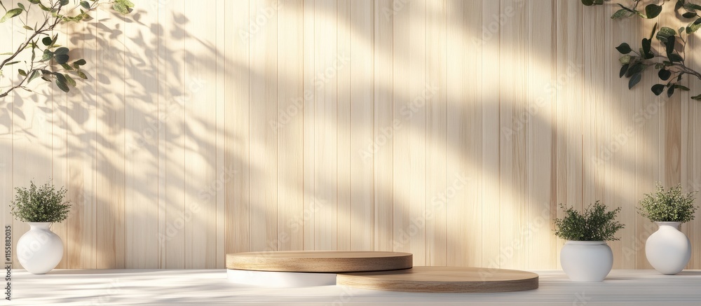Poster minimalist 3d wooden background with empty space for text showcases a serene atmosphere enhanced by 
