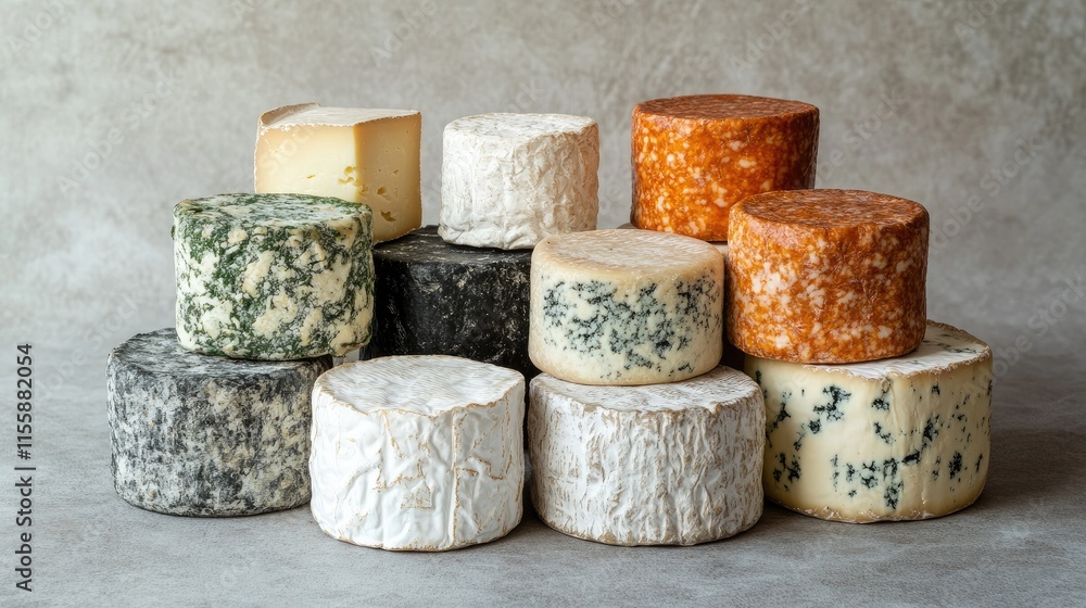 Poster artisan cheese assortment arranged on a rustic gray background showcasing diverse textures and color