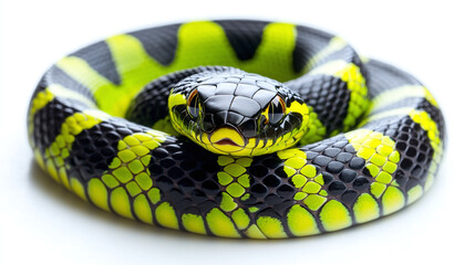 Obraz premium Closeup of crawling green and black snake isolated on white background. dangerous wild reptile predator animal, poisonous reptilian, nature wildlife fauna, tropical forest exotic serpent.