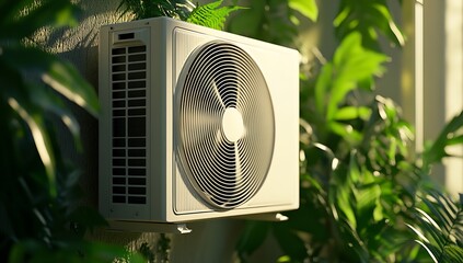 Energy Efficient Air Conditioning Unit in Lush Green Outdoor Environment : Generative AI