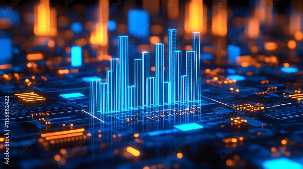 Aufkleber Futuristic digital landscape with glowing blue and orange data visualizations and tech interfaces : Generative AI
