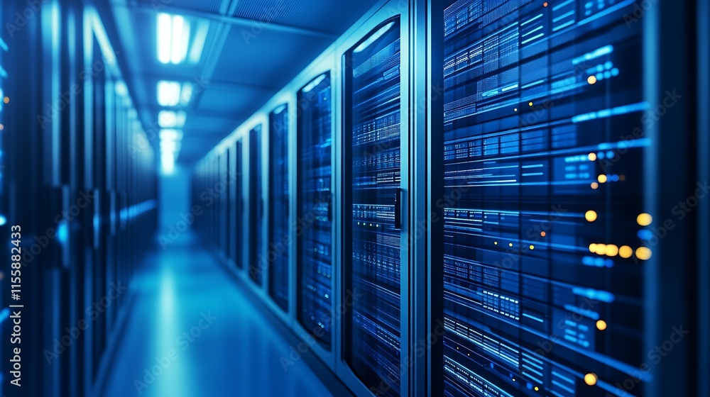Poster Modern Data Center Server Room with Advanced Networking Equipment and Blue LED Lights : Generative AI