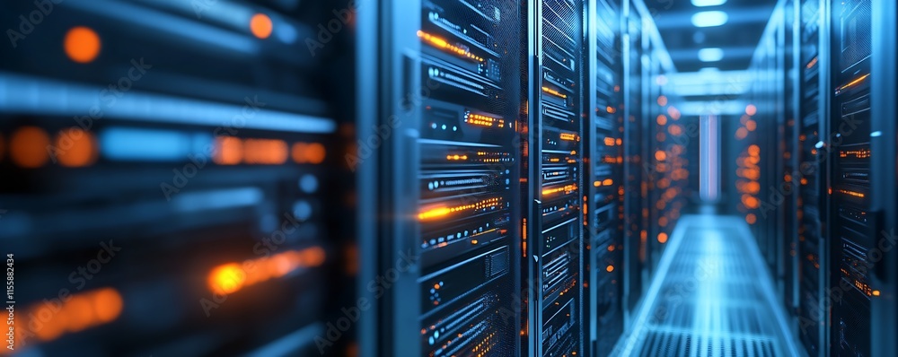 Poster High Tech Data Server Room with Blinking LED Lights and Advanced Networking Equipment : Generative AI