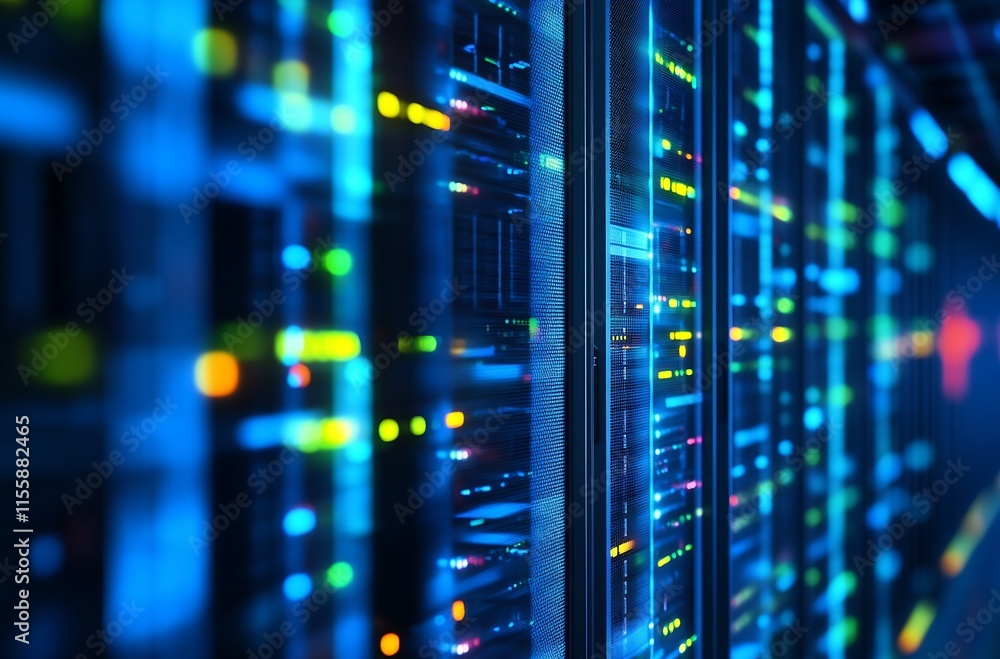 Poster High-Tech Server Room with Glowing Network Connections : Generative AI