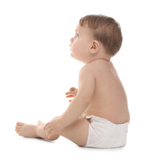 Cute little baby in diaper on white background