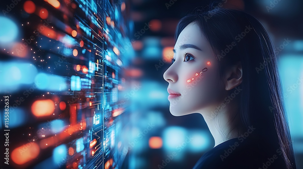 Aufkleber young woman gazing at futuristic virtual interface with glowing data for ai technology innovation : 