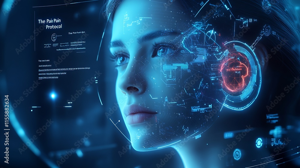 Fototapete futuristic digital interface with ai technology overlay on a human face : generative ai