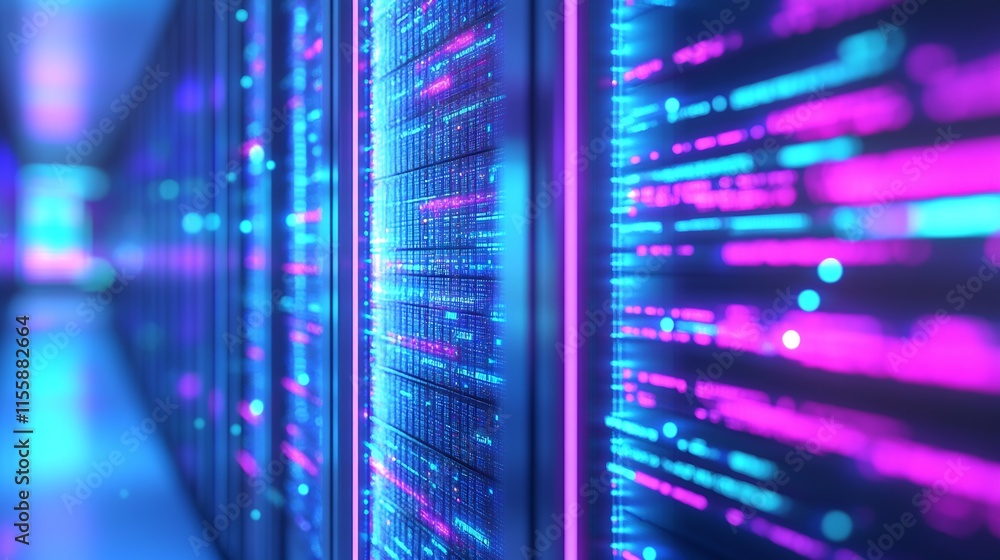 Aufkleber Server Room with Digital Data Flow and Neon Technology Lights : Generative AI