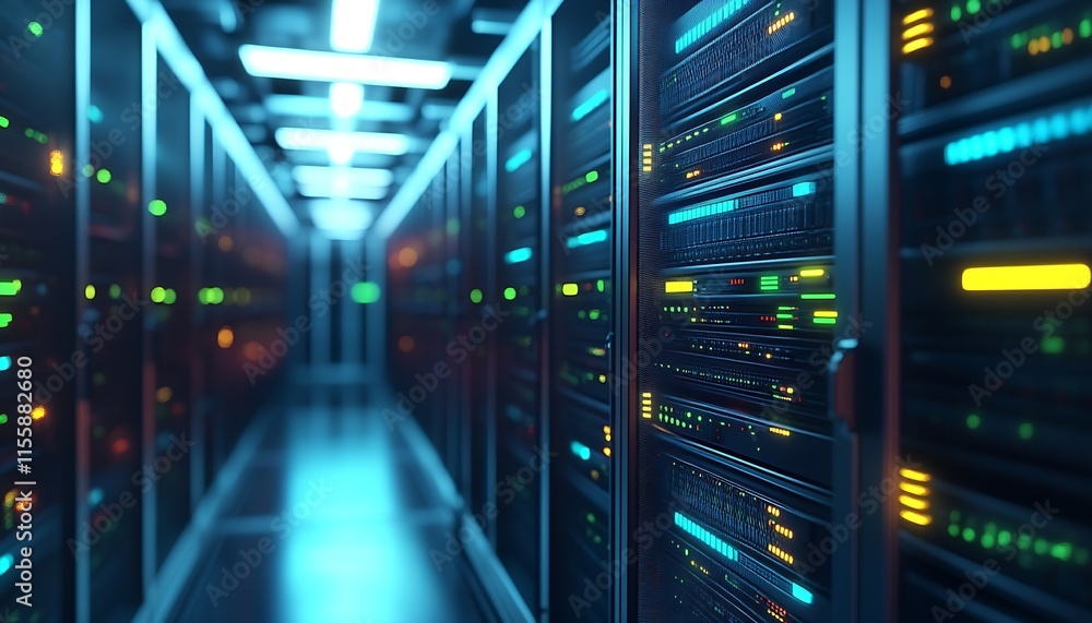 Poster futuristic data center server room with advanced technology and blue lighting : generative ai